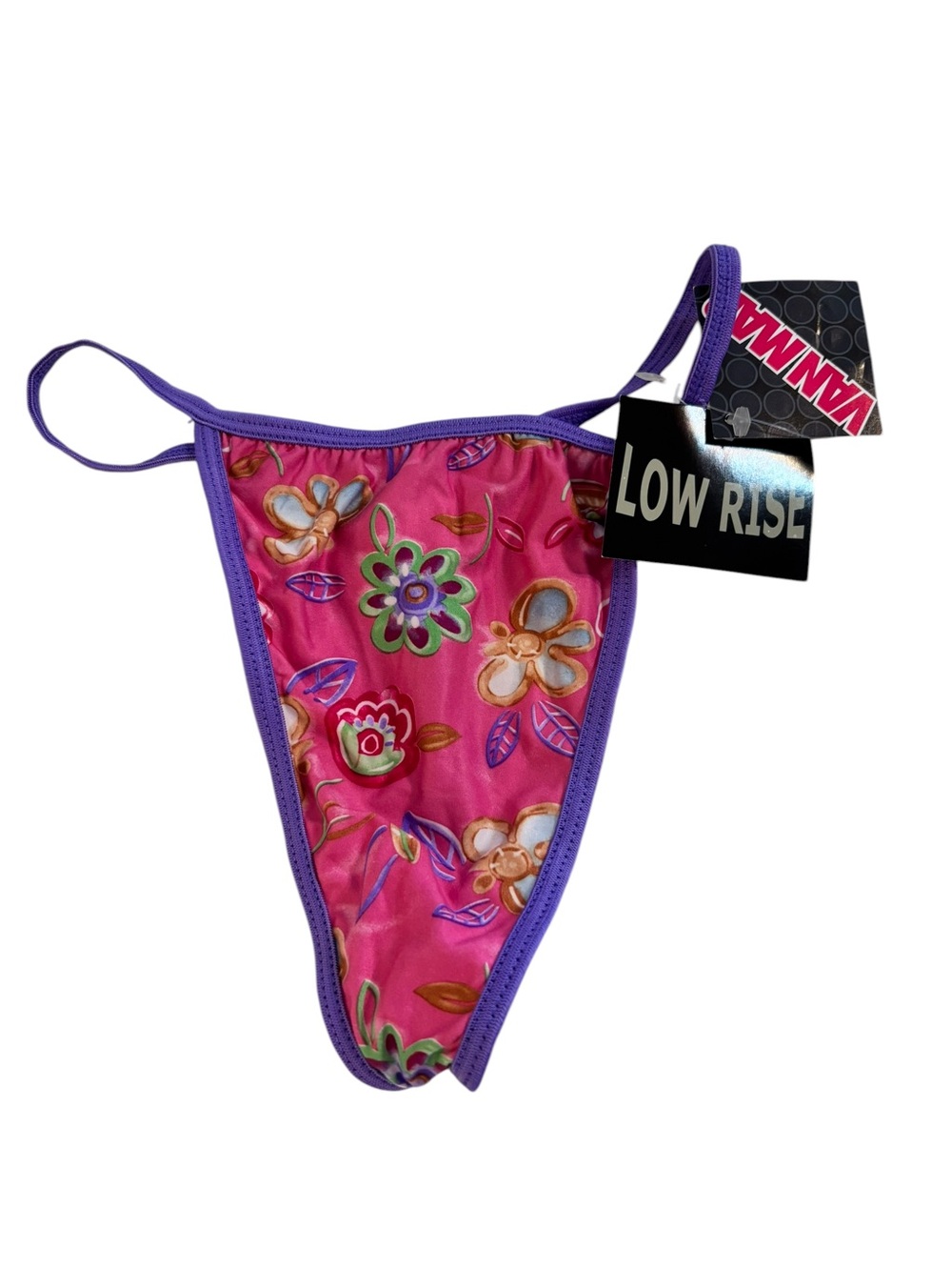 NWT Van Mar Vintage Y2K Low Rise String thong Panties Floral Pink Purple Size 7